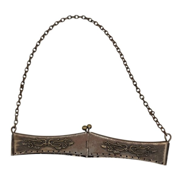 Antique Victorian Purse Reticule Square Frame Folding Floral Metal Kiss Closure - Picture 1 of 14